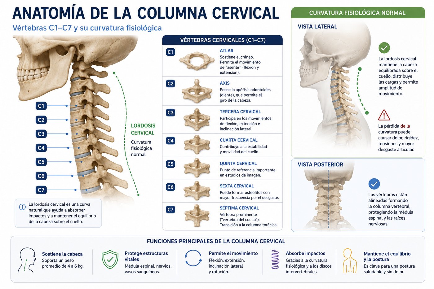 Anatomía detallada de la columna cervical con vértebras C1 a C7 y curvatura fisiológica en vista lateral