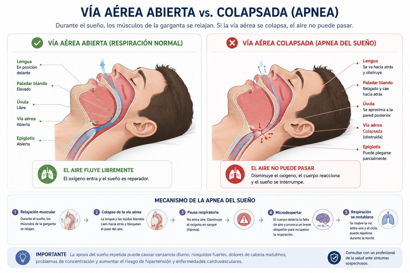 Corte anatómico lateral comparando vía aérea abierta y vía aérea colapsada durante apnea del sueño