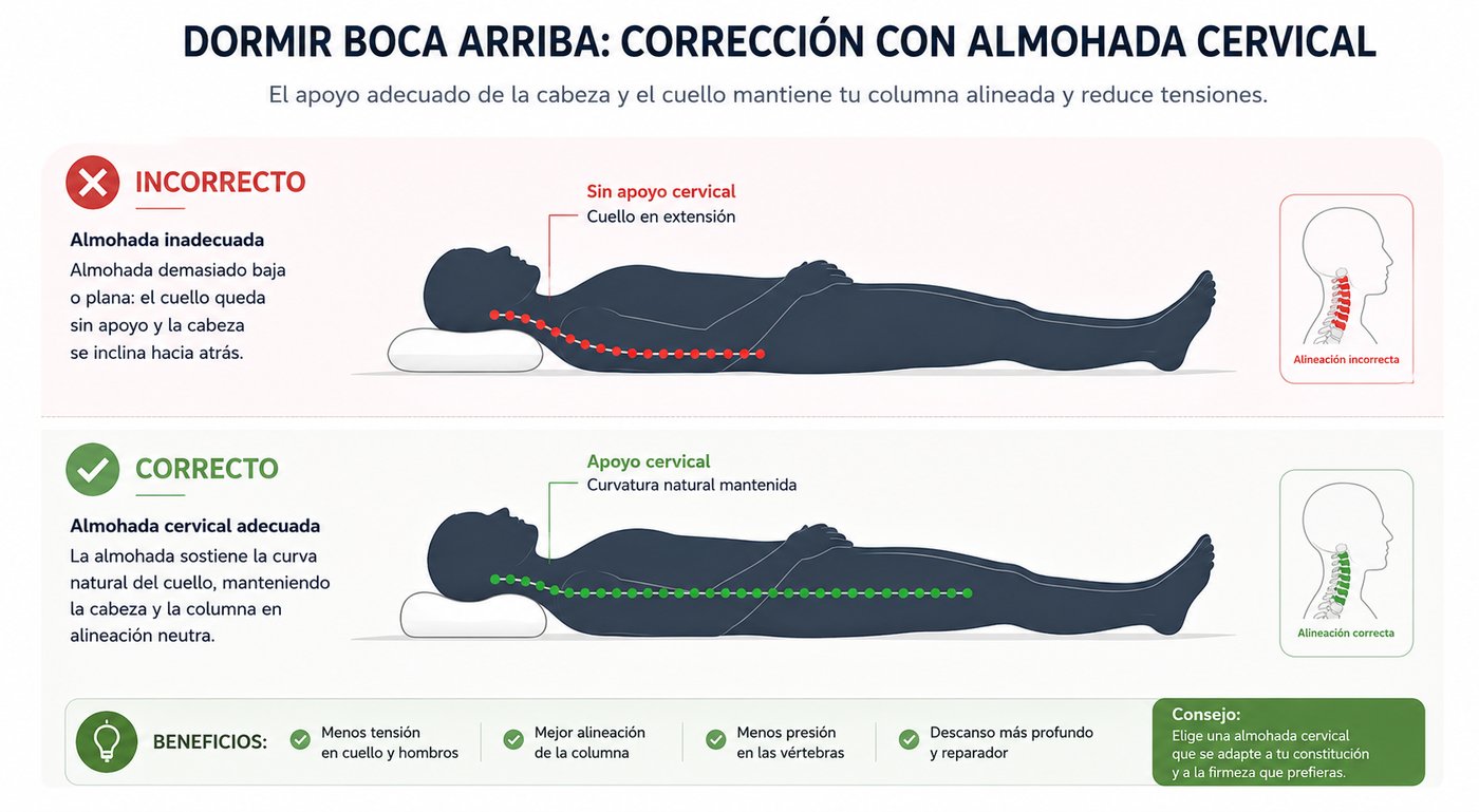 Comparativa lateral de dormir boca arriba con almohada inadecuada versus con almohada cervical correcta