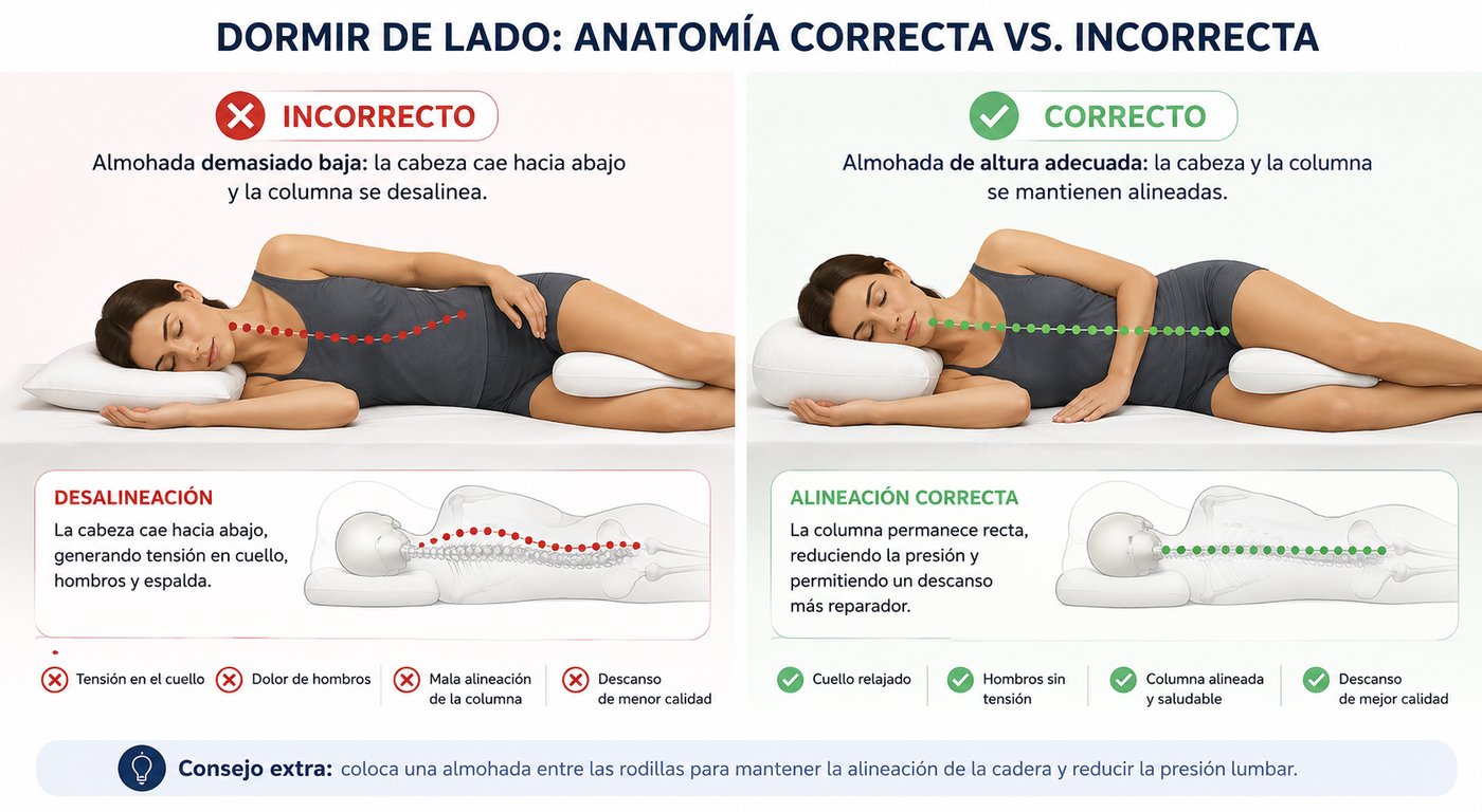 Comparativa de dormir de lado con almohada baja causando desalineación versus almohada correcta que mantiene la columna alineada