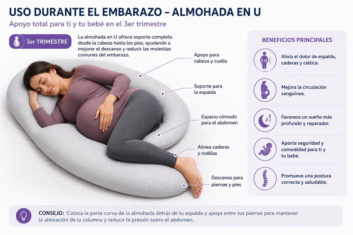 Mujer embarazada en tercer trimestre descansando con almohada en U que envuelve el cuerpo