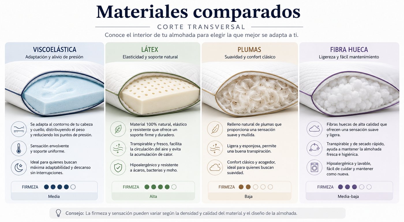 Comparativa en corte transversal de los 4 materiales principales: viscoelástica, látex, plumas y fibra hueca