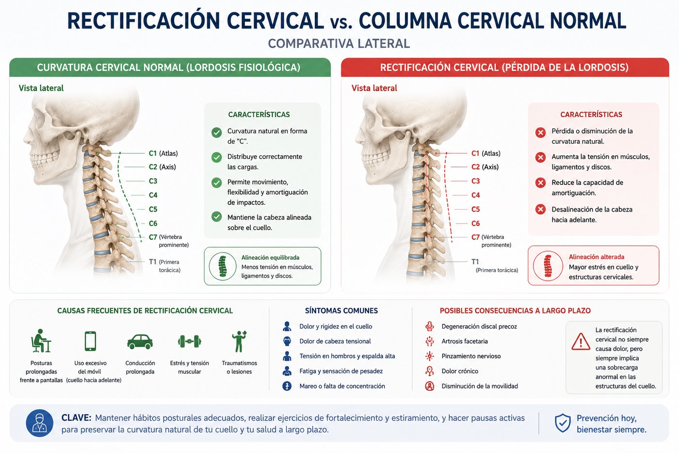 Comparativa lateral entre columna cervical normal con lordosis fisiológica y columna con rectificación cervical