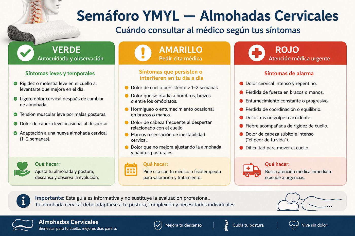 Semáforo médico con 3 niveles de síntomas cervicales: verde autocuidado, amarillo cita médica, rojo urgencia