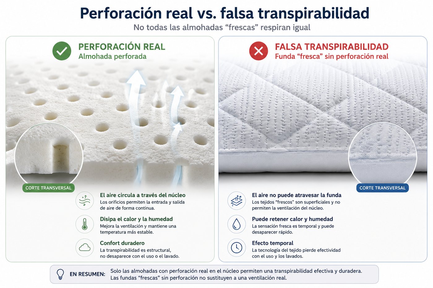 Comparativa visual entre almohadas con perforación real y fundas 