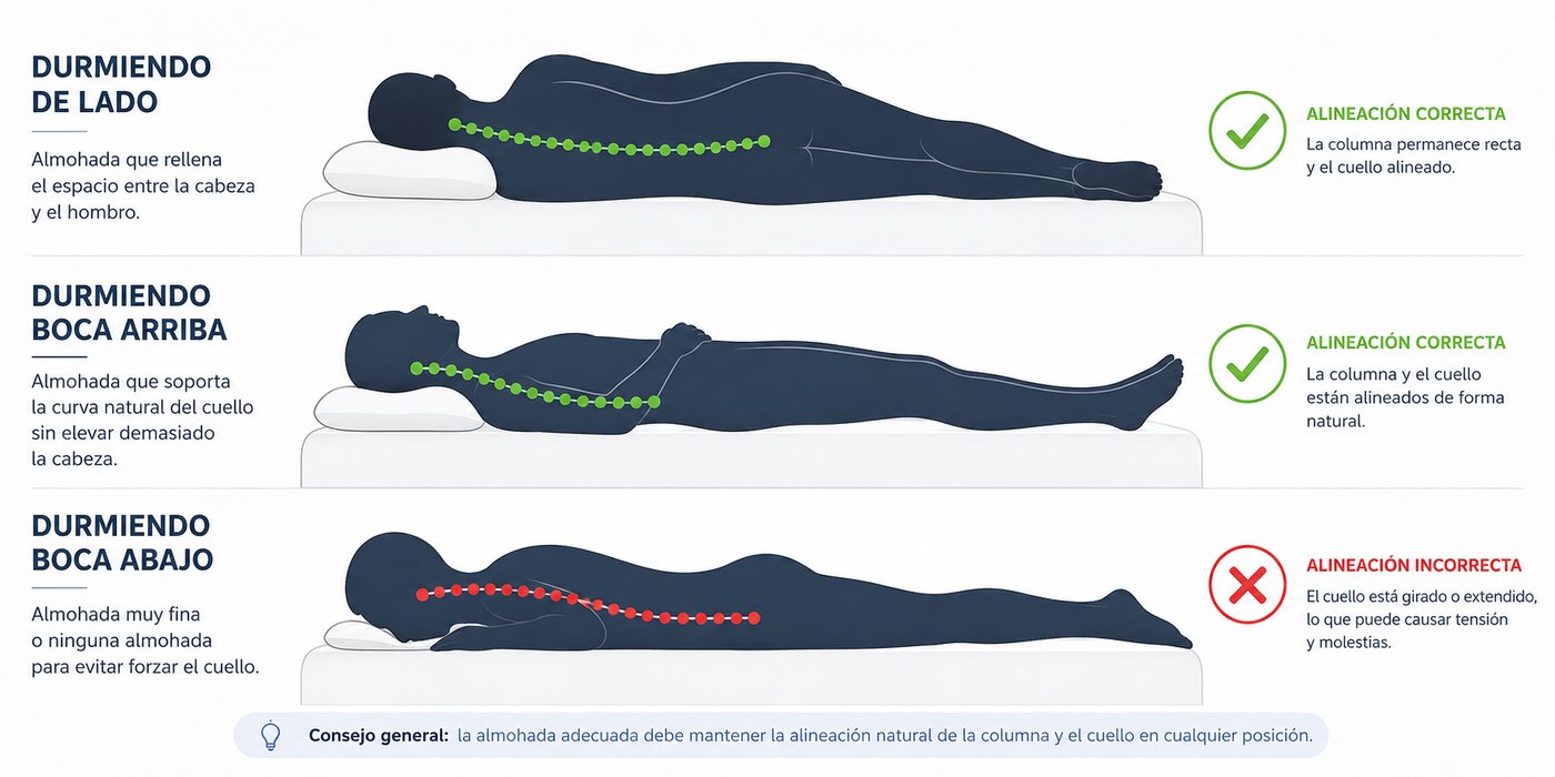 Comparativa anatómica de las 3 posturas de dormir (lado, boca arriba, boca abajo) y su impacto en la alineación cervical