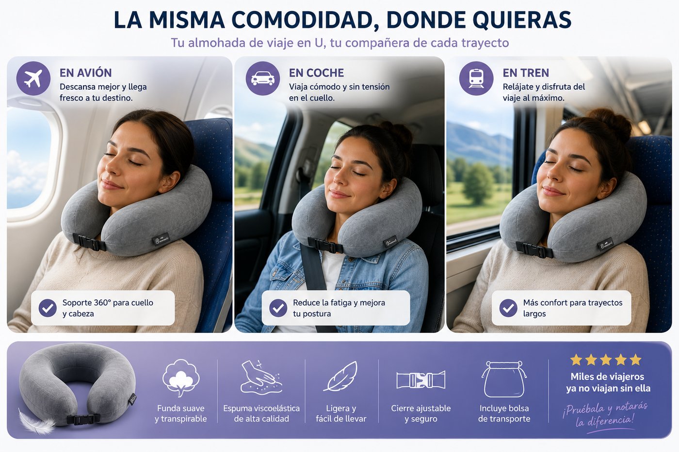 Uso de almohada de viaje en U en 3 escenarios: avión, coche y tren
