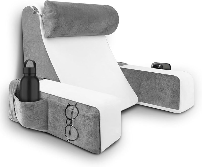 Cojín poliposicional gris y blanco con reposabrazos, bolsill