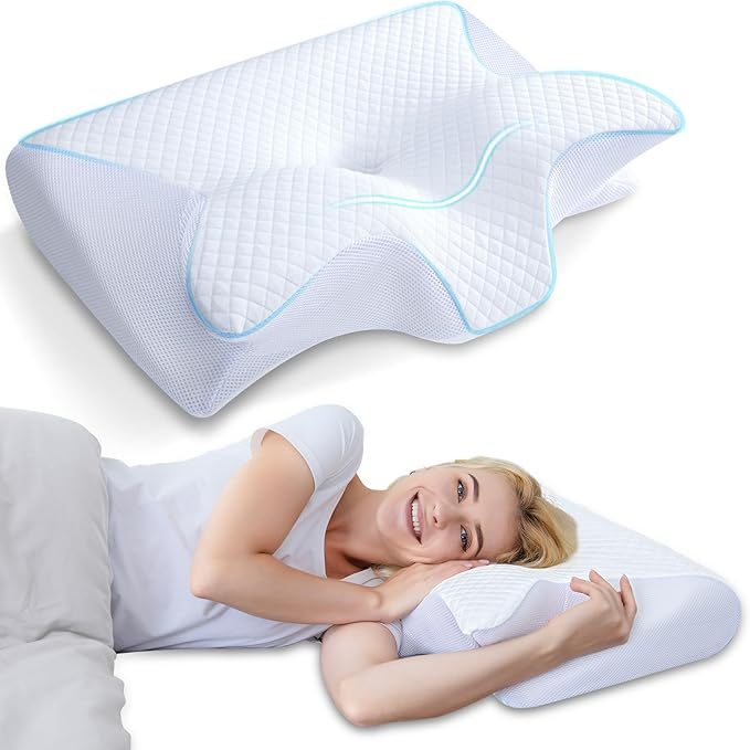 Almohada HOMCA 2en1 en color blanco con contorno azul, diseñ